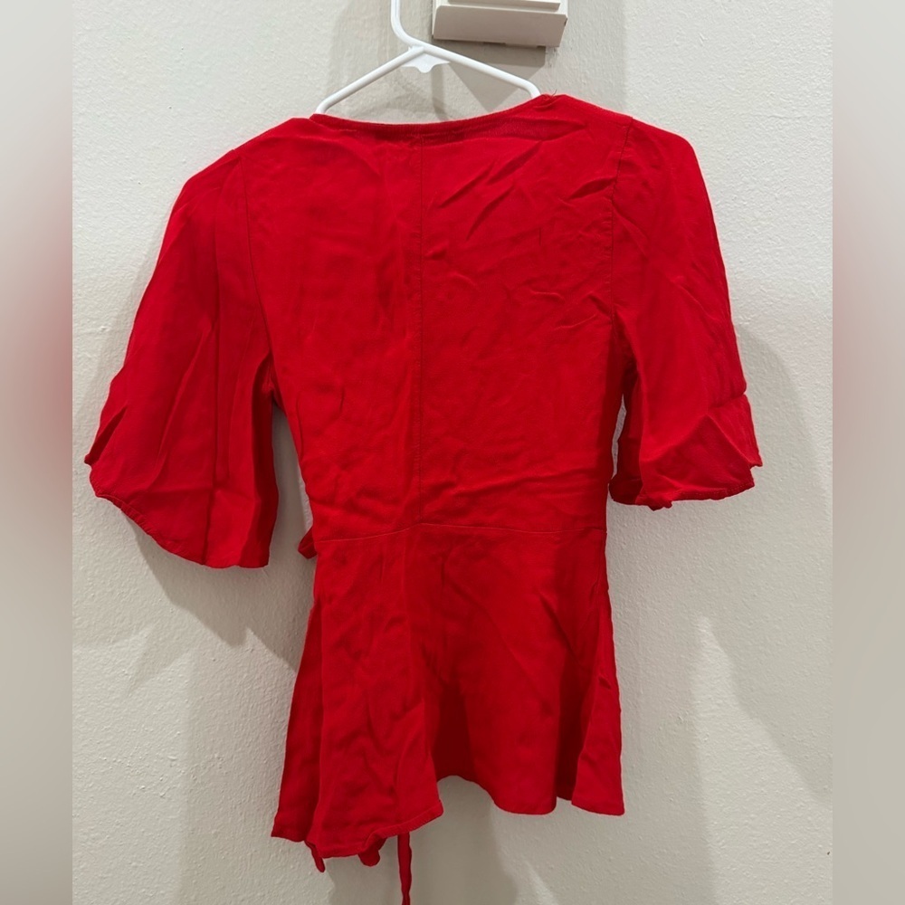 Blue Rain Vibrant Red Wrap Blouse with Flutter Sleeves Size XS - Picture 2 of 3
